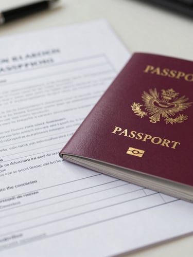 Close-up of structured legal documents and a passport on a clean slate desk under natural daylight