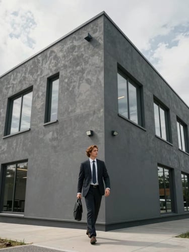 A focused professional entering a modern slate-gray office building under bright overcast daylight, medium shot
