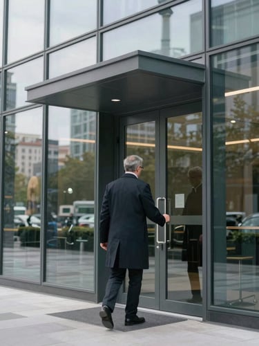 Medium environmental shot under bright overcast daylight of a professional in a dark overcoat entering a modern glass-fronted office building, sharp reflections of city trees on the glass.