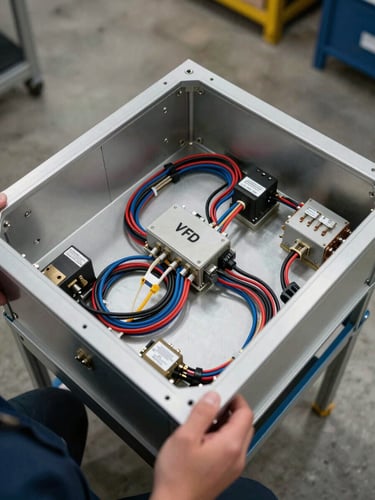 Overhead shot of a completed VFD panel enclosure on an assembly bench, wiring looms neatly dressed and labeled, technician's hand visible at the bottom of frame, shop floor concrete visible around the panel