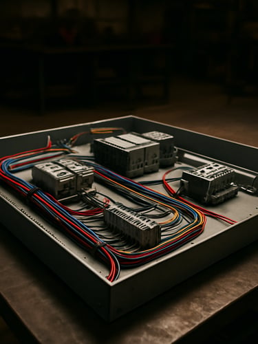 Wide shop floor shot, overhead tungsten work lights casting hard shadows on a partially assembled VFD control panel laid flat on a steel workbench, wiring looms and terminal blocks visible in close detail, no people, industrial environment