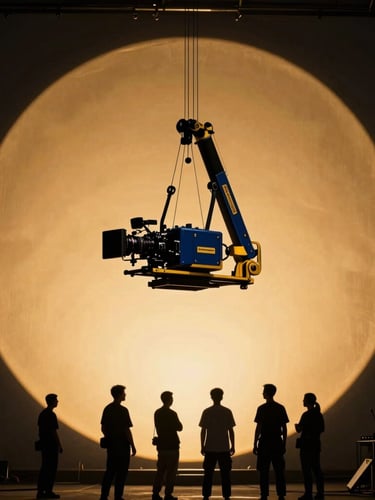 Cinematic editorial photography, dramatic spotlighting, high-contrast behind-the-scenes shot of a high-end camera rig on a crane, crew members silhouetted against a massive golden light source.