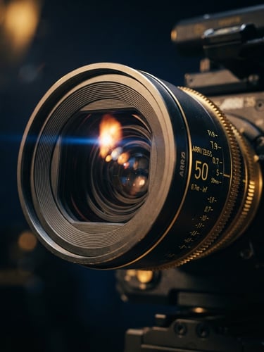 Dramatic close-up of a high-end anamorphic gold-rimmed cinema camera lens, warm spotlighting reflecting off the glass, cinematic editorial style.