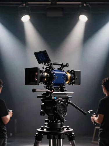 Behind-the-scenes set photography, high-end cinema camera on a heavy stabilizer rig, dramatic spotlighting, crew in silhouette, cinematic editorial