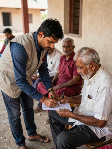 Warm documentary photography, a local Indian community hall where a volunteer in a simple vest helps an elderly villager fill out a government form, bright natural light, candid interaction