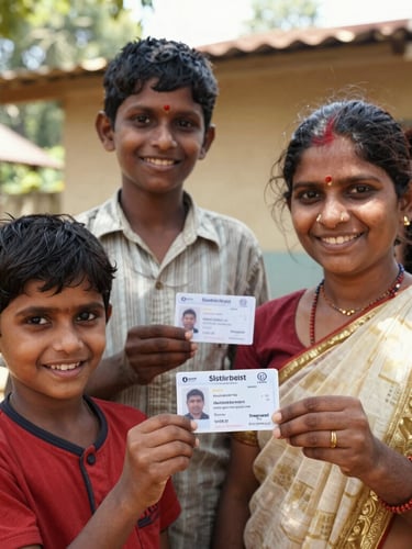A close-up documentary portrait of a smiling Indian family holding their newly printed identity cards outside a rustic community hall, bright natural sunlight, authentic warm tones.