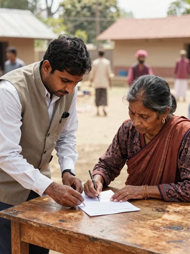 A warm documentary photograph of an outdoor community service camp in a rural Indian village, a local volunteer in a neat vest helping an elderly woman fill out a paper form on a wooden table, bright natural daylight, candid interaction, 35mm lens.