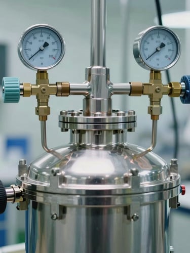 Close-up of a high-pressure reverse osmosis membrane vessel with stainless steel clamps and pressure gauges, sterile laboratory lighting