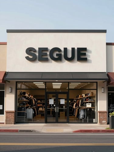 Wide environmental shot of a local retail storefront exterior, viewed from street level slightly off-center, natural daylight, clean signage visible, no people, honest and direct framing