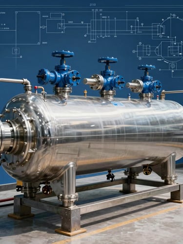 Wide-angle technical shot of an industrial reverse osmosis skid with stainless steel pressure vessels and blue multi-port valves, sharp studio lighting, blueprint lines overlay.
