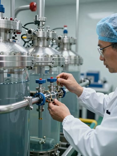 A technician in a sterile white lab coat adjusting a multi-port control valve on a massive water filtration vessel, industrial lighting, macro shot.
