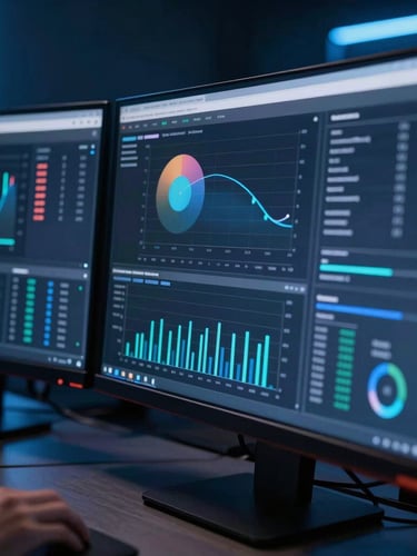 Sleek tech editorial photography, close-up of a multi-screen workstation dashboard displaying real-time e-commerce analytics charts, cool ambient studio lighting with electric blue neon glows, sharp focus, 35mm