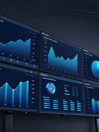 Sleek tech editorial photography, dynamic low-angle shot of a multi-screen dashboard with electric blue charts and live logistics data, cool ambient studio lighting, sharp focus, 35mm.