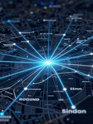 Sleek tech editorial photography of a dark glowing digital map showing logistics routes across London, New York, and Sydney, cool ambient studio lighting, electric blue accents, sharp focus, 35mm.