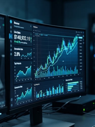 Macro shot of a high-tech multi-screen dashboard displaying real-time e-commerce analytics and rising sales charts in a dark room with cool ambient studio lighting and electric blue accents, 35mm