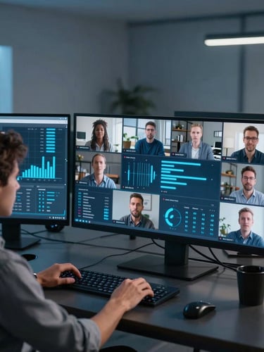 Sleek tech editorial photography of a remote team collaborating over video call, screens showing analytics dashboards with electric blue accent glows, cool ambient studio lighting, 35mm