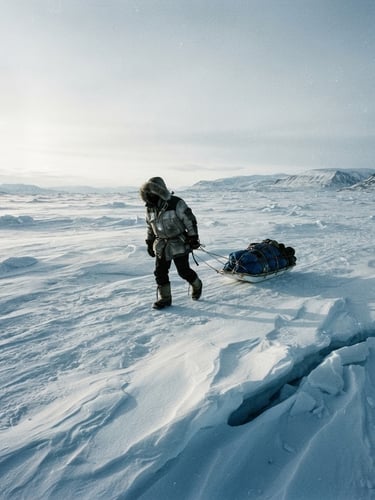 Extreme wide shot of a solitary figure pulling a heavy sled across a vast, desaturated blue polar ice sheet under a harsh, low-angle sun, high contrast, 35mm film grain.