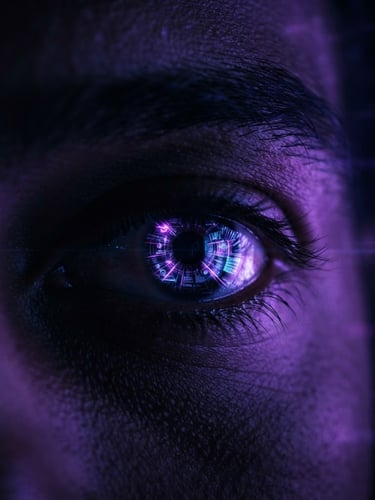Anamorphic cinematic sci-fi photography of a human eye reflecting glowing digital patterns, high-contrast neon violet backlighting, deep obsidian tones