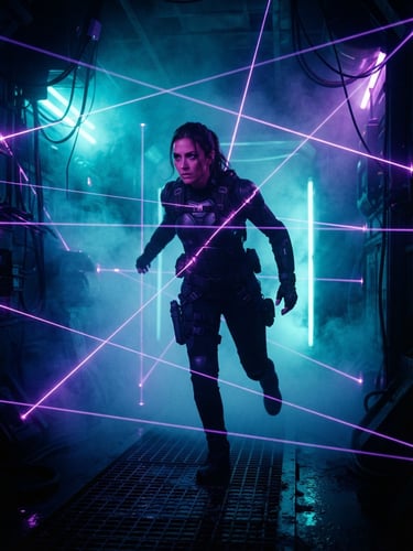 Cinematic sci-fi portrait of a person stepping through a glowing violet laser grid, volumetric fog catching cyan light beams, extreme high-contrast