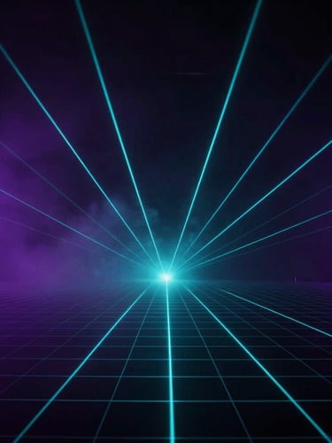 Atmospheric shot of a dark room pulsing with a sharp laser grid, volumetric fog catching cyan light beams, cinematic wide angle
