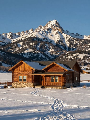 Wide panoramic shot of a timber-and-stone mountain home in Freedom, Wyoming, surrounded by snow under crisp morning sunlight, clear mountain sky.