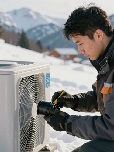 Close-up of a professional technician in heavy winter gear inspecting an outdoor HVAC unit in the snow, crisp mountain daylight