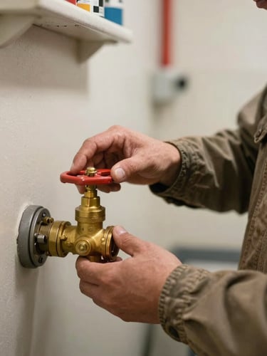 Close-up of a local maintenance worker in rugged canvas jacket adjusting a brass water valve in a clean, well-lit utility room, warm side lighting, sharp focus on hands and metal textures