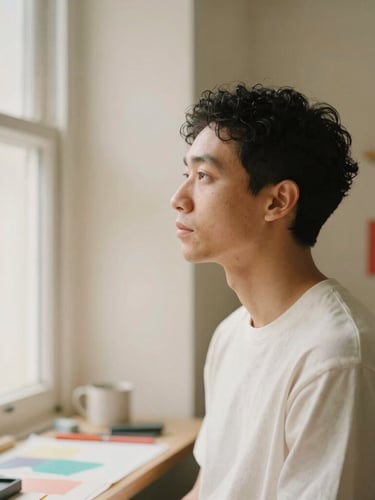 Thoughtful portrait of a multifaceted creator looking out a window in a warm, textured studio environment, soft natural light, shallow depth of field, 35mm