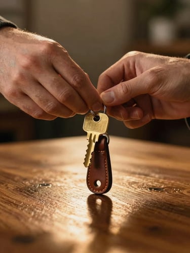 A close-up of hands handing over brass house keys with a simple leather keychain, warm golden hour light reflecting off a wooden tabletop.