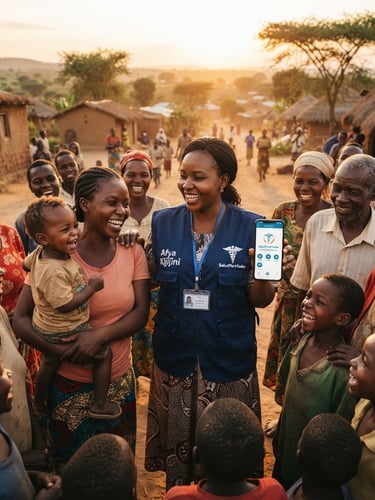 Wide shot of a community health worker in a rural African village, surrounded by smiling families, holding a mobile phone displaying the SaludParaTodos app. Golden hour light, authentic connection.