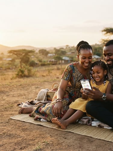 Wide panoramic shot of an African family (mother, father, child) in warm golden-hour daylight, looking at a mobile phone displaying a health app, soft focus background, rich authentic tones, 35mm lens. The family is on the right side of the frame, with expansive negative space on the left.