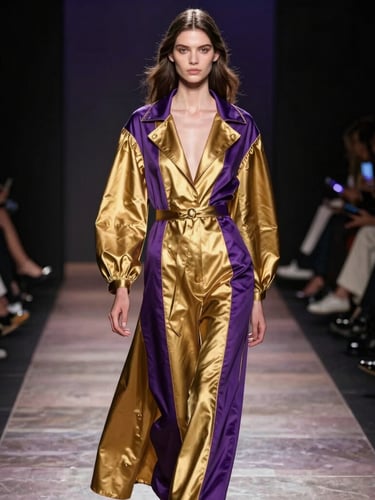 Glamorous editorial photography of a high-fashion runway show, dramatic stage spotlighting, rich gold accents, sharp focus, 35mm
