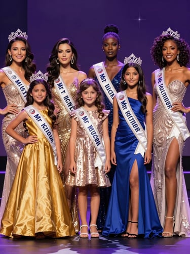 A glamorous editorial portrait of diverse contestants standing together in elegant evening wear, showcasing the inclusive divisions from Kids to Mr, dramatic lighting