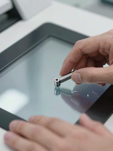 A close-up macro shot of hands being professionally guided onto a clean glass digital scanner, bright clinical daylight, sharp focus on the glass surface