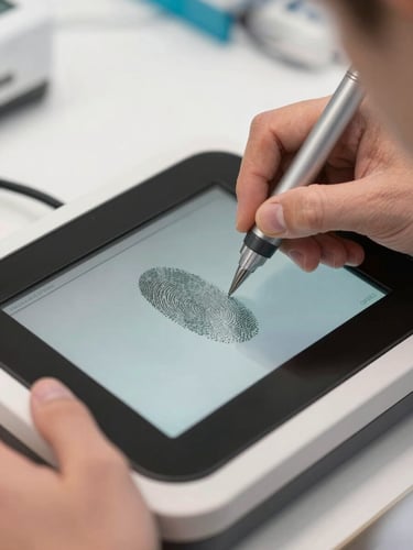 Close-up clinical shot of a professional technician guiding a hand onto a clean glass digital fingerprint scanner under bright daylight, no shadows.