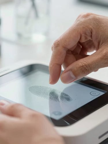 A close-up macro shot of hands being professionally guided onto a clean glass digital fingerprint scanner in a bright, daylight-filled professional office environment.