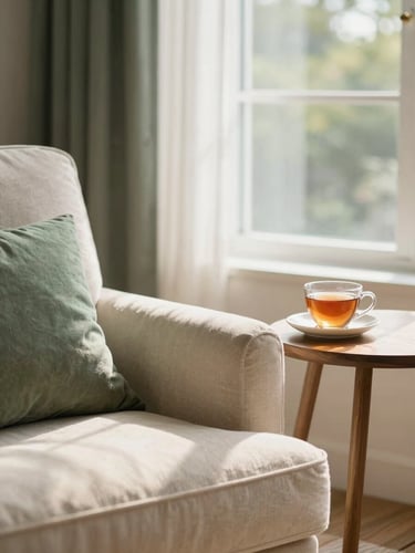 Warm sun-drenched private room with soft morning window light, a comfortable armchair, a small wooden side table with a warm cup of tea, rich cream and muted forest green accents, shallow depth of field.