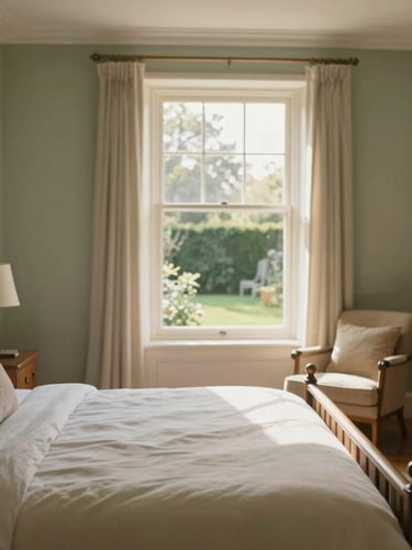 A beautifully appointed private bedroom with a comfortable wooden bed frame, soft neutral linens, and a sunlit armchair by a large window overlooking a garden, warm morning light, residential feel
