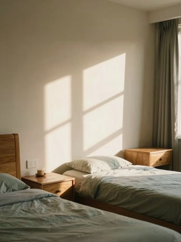 A warm, sun-drenched private senior residence room with comfortable wooden furnishings, soft morning window light casting elegant shadows on a cream wall, shallow depth of field, peaceful atmosphere.