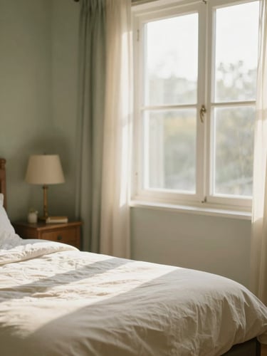 A sun-drenched, comfortably furnished private room in a senior residence, warm morning window light, soft cream and muted green tones, shallow depth of field