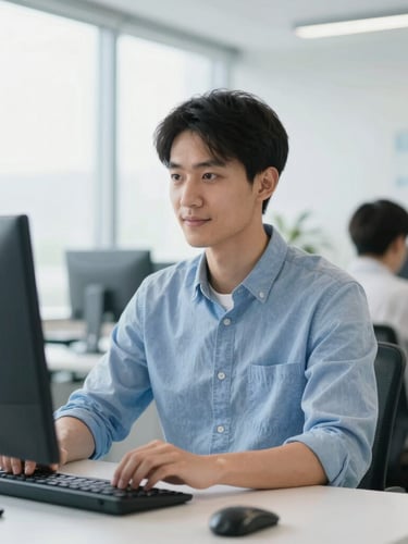 A clean environmental portrait of a software engineer in a bright European office, natural daylight, soft focus, professional setting