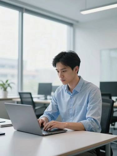 A professional working on a laptop in a bright, modern Berlin office with large windows and cool daylight, shallow depth of field, 35mm