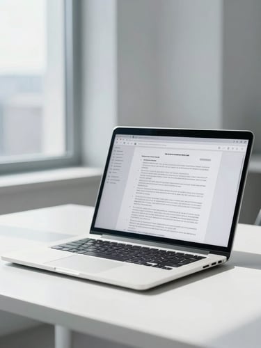 A modern minimalist European workspace with a laptop open showing legal documents, soft daylight streaming through a large window, 35mm