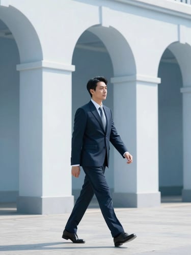 A bright, natural daylight photo of a professional walking past modern European architectural arches, cool blue tones, shallow depth of field, 35mm