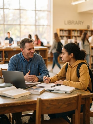 A candid medium shot of a local Indiana business owner mentoring a high school student in a bright school library, warm natural window light, shallow depth of field.