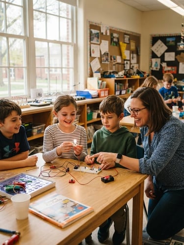 Bright sunlit classroom in Indiana with a teacher mentoring a small group of K-12 students over a STEM science activity, warm editorial photography, natural light streaming through windows, candid medium shot.