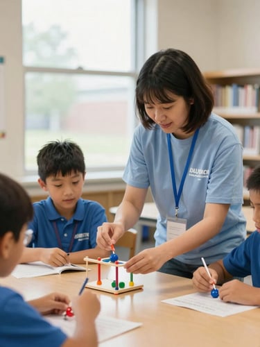 A warm, candid shot of a community volunteer helping an elementary school student build a science project in a bright Indiana school library, soft natural window light, vibrant community tones.
