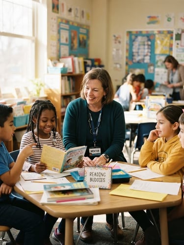 A warm, candid medium shot of a local Indiana community volunteer mentoring a small group of elementary students in a bright classroom with natural window light.