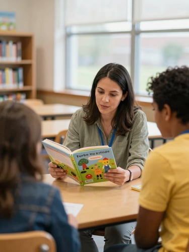 A warm, bright school library in Indiana with a teacher and a parent looking at a colorful children's book together, soft natural window light, candid medium shot, shallow depth of field.