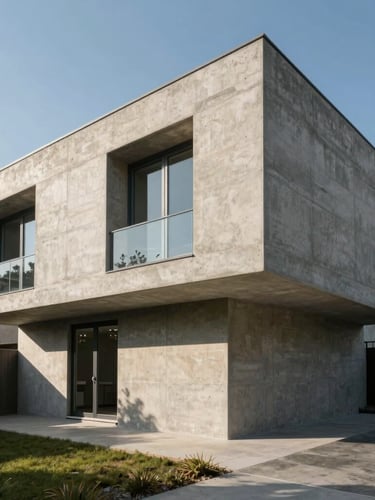 One-point perspective elevation of a modernist concrete residence, sharp geometric shadows, high-contrast natural sunlight, no people